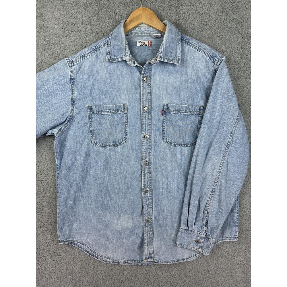 Levis Jeans Shirt Mens Large Blue Denim Button Up Two Pocket Western 100% Cotton